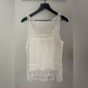 Lauren By Ralph Lauren 100% Cotton Crochet Fringe Top In Pearl Size S